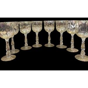 Antique Fostoria Cellini Loop Optics Flora Stem Iridescent Glasses Lot Of 8 MCM